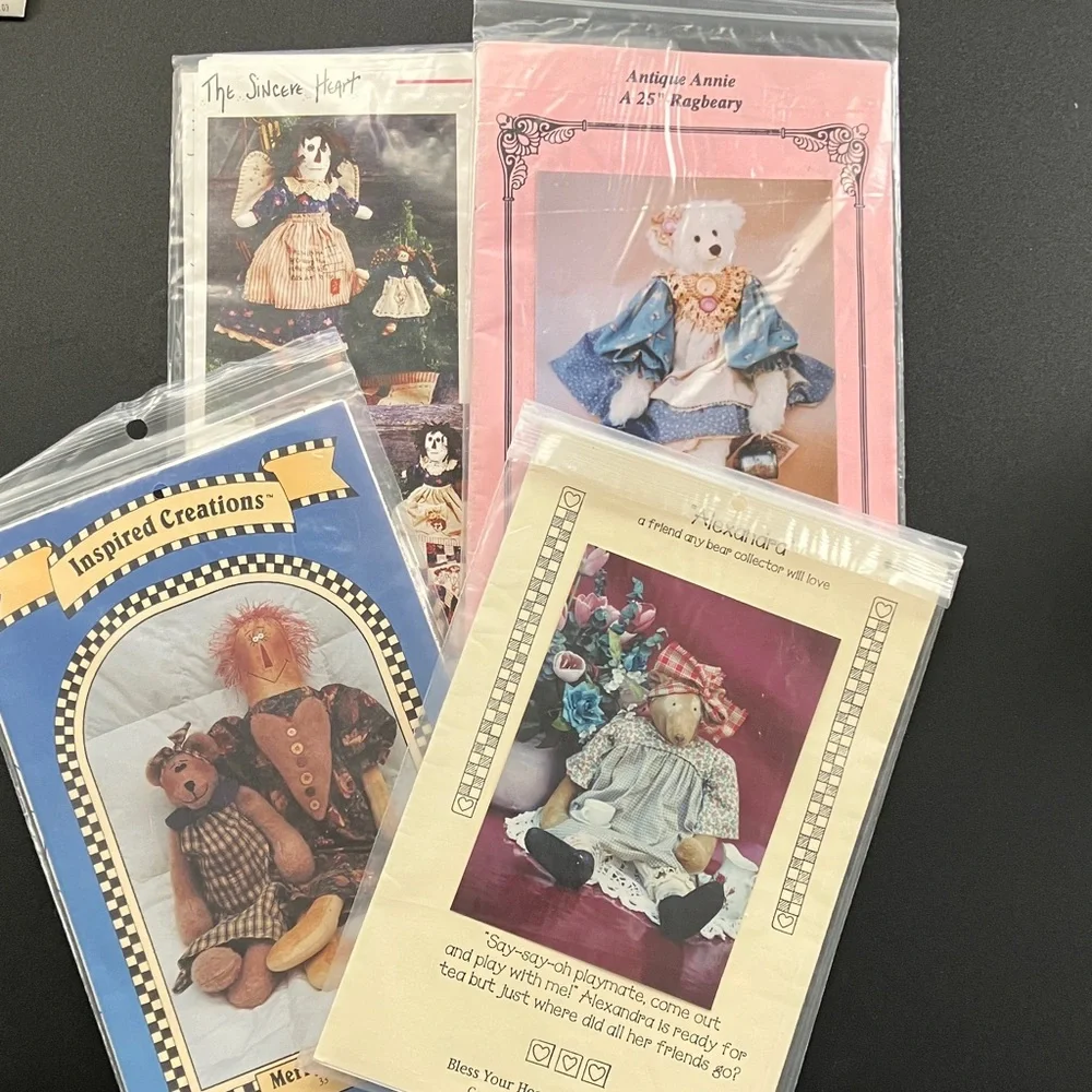 Doll and Bear Craft Patterns Teddy Dolls Sewing Bundle Lot of Four Hobby
